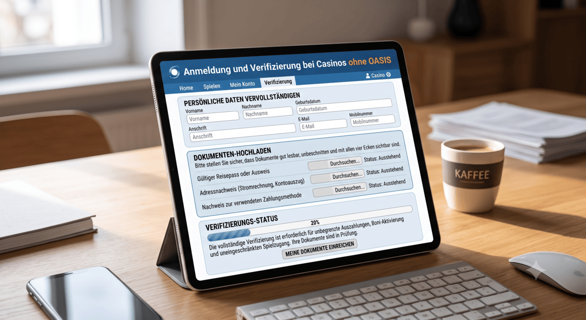 Ein iPad Pro auf einem Holzschreibtisch, das eine Webseite zur Verifizierung bei einem Casino ohne OASIS zeigt, mit Formularfeldern und Dokumenten-Upload-Slots.