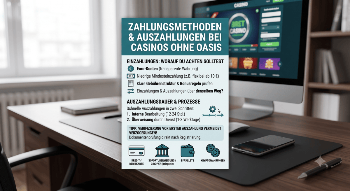Eine Infografik mit Tipps zu Zahlungsmethoden, Einzahlungen und Auszahlungsdauer für ein Casino ohne OASIS, die zentral über einem modernen Schreibtisch mit Computermonitor und Smartphone eingeblendet ist.