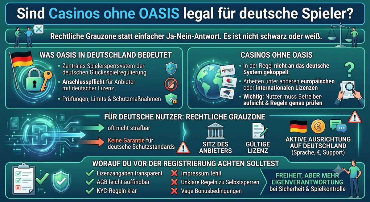Eine Infografik mit der Überschrift: „Sind Casinos ohne OASIS legal für deutsche Spieler?“. Die Grafik erklärt, dass Casinos ohne OASIS in einer rechtlichen Grauzone operieren, nicht an das deutsche Spielersperrsystem angeschlossen sind und oft internationale Lizenzen nutzen. Sie bietet Checklisten und Informationen zu Schutzstandards.
