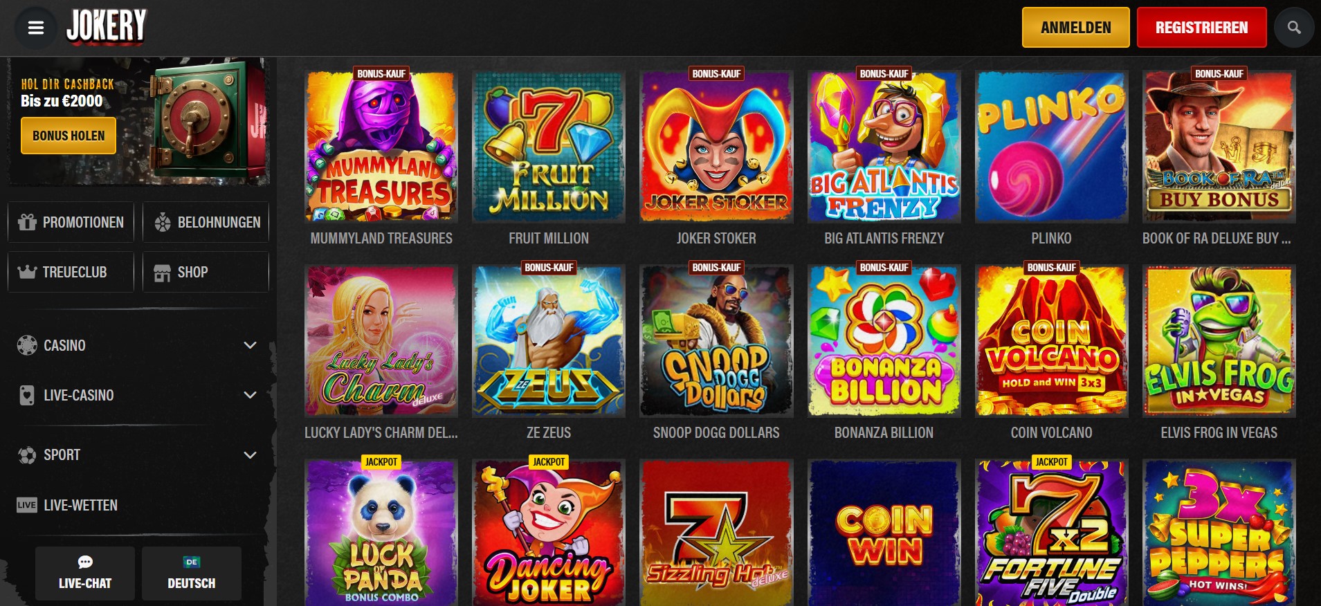 Casino ohne OASIS: Jokery-Spieleübersicht mit bunten Kacheln für Spielautomaten, Jackpot-Titel und Bonus-Kauf-Spiele.