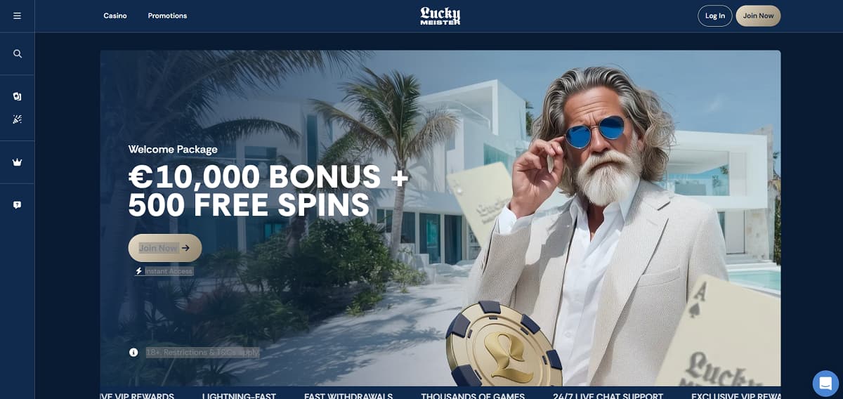 Casino ohne OASIS: LuckyMeister-Startseite mit bärtigem Mann vor einer Villa sowie Hinweisen auf 10.000 Euro und 500 Freispiele.